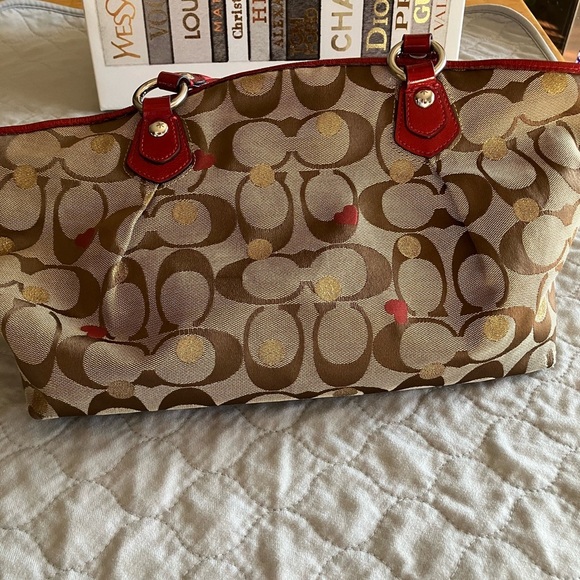 COACH Beige/Red/Gold Signature Canvas POPPY Laura Secret Admirer Tote Bag Purse - Picture 5 of 10
